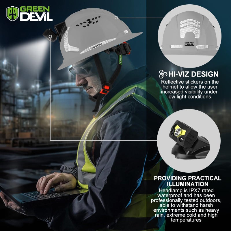 GREEN DEVIL قبعة صلبة ذات حافة كاملة من GREEN DEVIL Matrix مع خوذة أمان للبناء مزودة بفتحات تهوية أمامية ومعتمدة من إدارة السلامة والصحة المهنية (OSHA) Cascos De Construccion Work Hardhat للرجال والنساء - Image 3